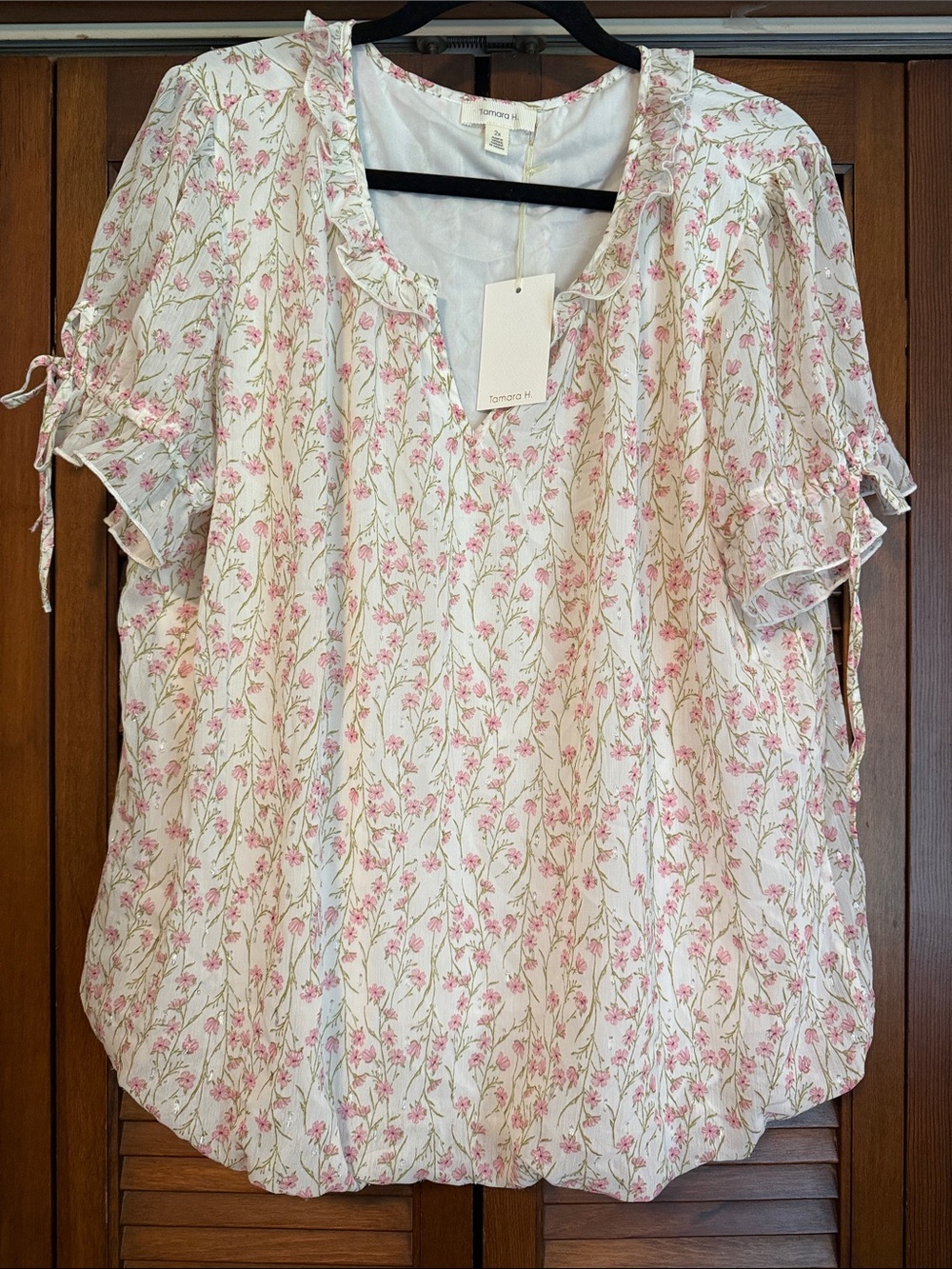 Light Pink Floral Ruffle-Neck Women’s Blouse